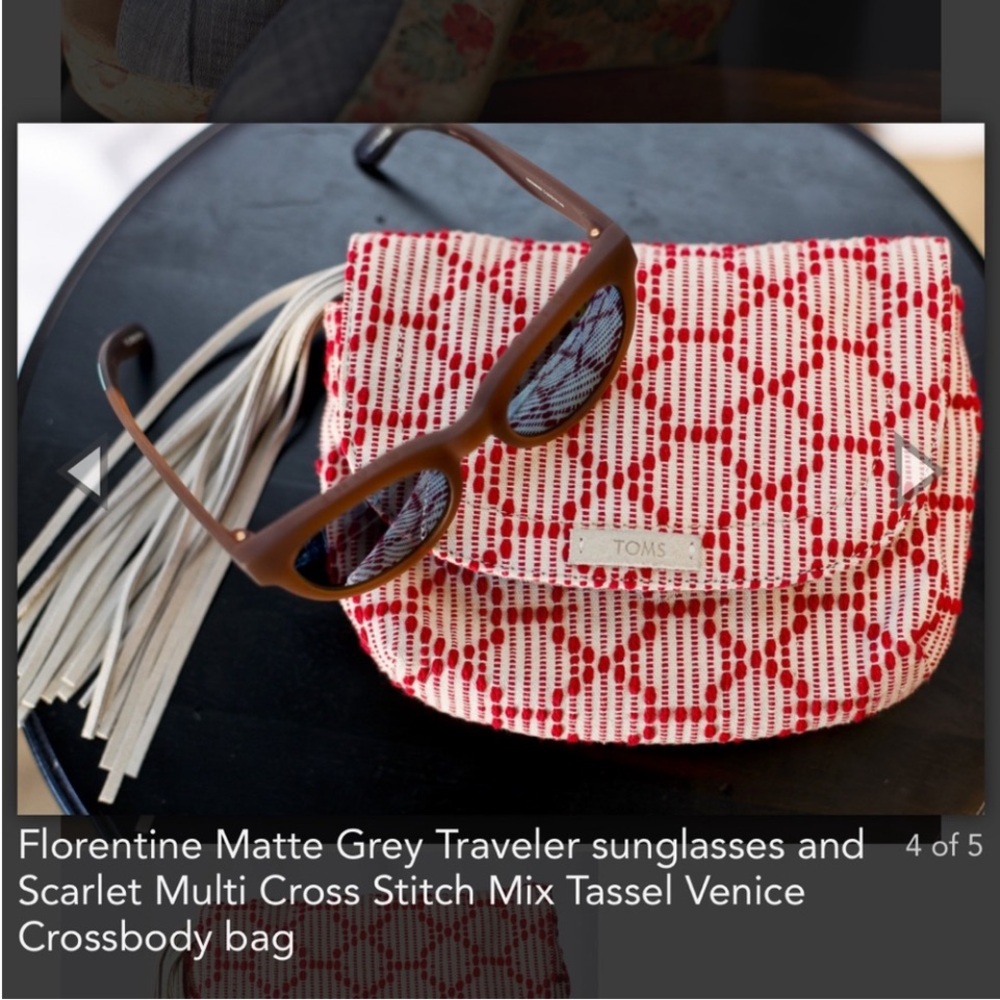 TOMS Scarlet Red & White Multi Cross Stitch Tassel Venice Crossbody Bag EUC